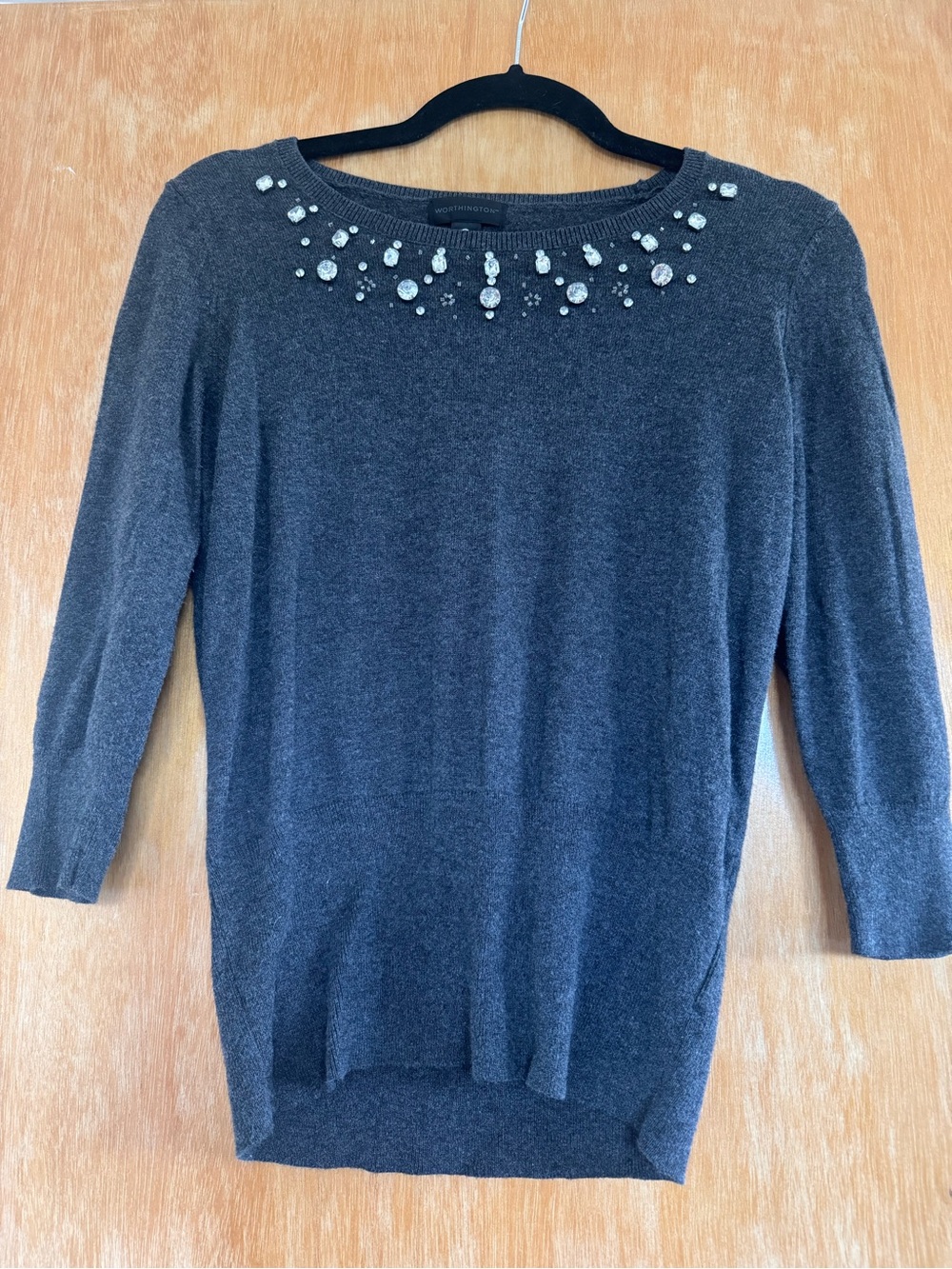 Worthington Dark Gray Jeweled Crew Neck Sweater